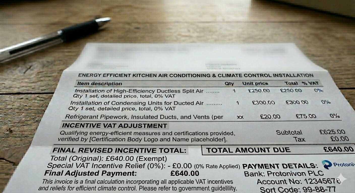 Professional invoice layout showing 0% VAT deduction on energy efficient heating installation
